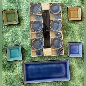 New 6 Piece Pier 1 Blue Elephant Chopstick Set, 1 Tray & 4 Small Square Dishes
